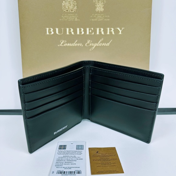 BURBERRY TB MONOGRAM PRINT LOGO OFF-WHITE BLACK LEATHER BIFOLD BILL WALLET NWT - Picture 11 of 13